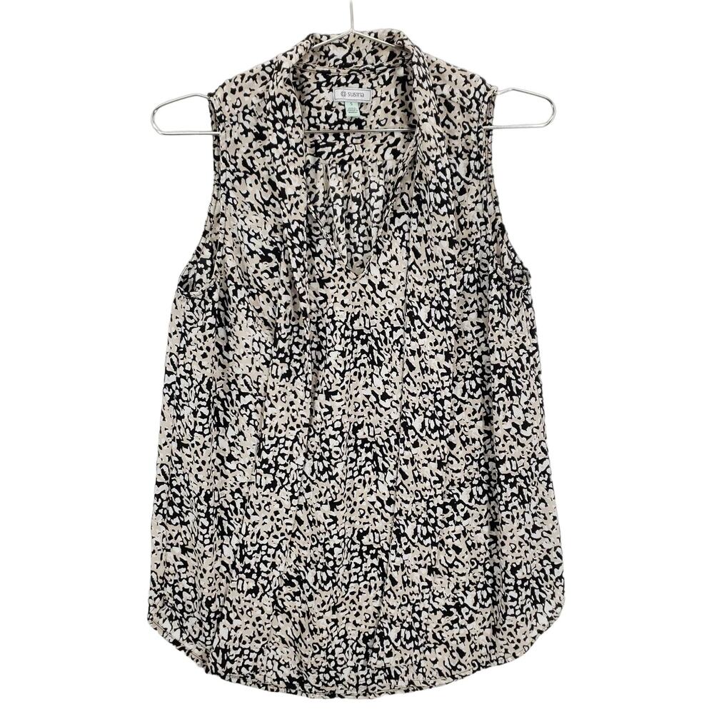 Susina Blouse Women Small Black White Beige Leopard Neck Tie Sleeveless Pullover